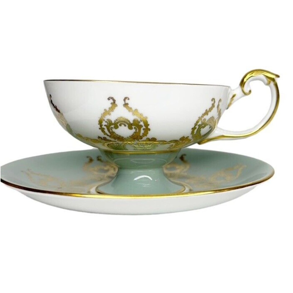 Aynsley Bone China Green White Gold Gilt Cup & Saucer Signed D Jones England
